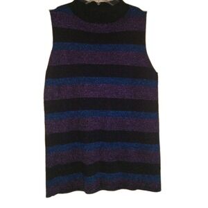 Sz M Nine West Sweater Sleeveless Striped Metallic‎ Mock Neck Top Womens